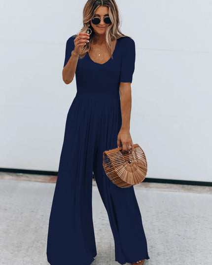 Scoop Neck Short Sleeve Jumpsuit Dark Blue