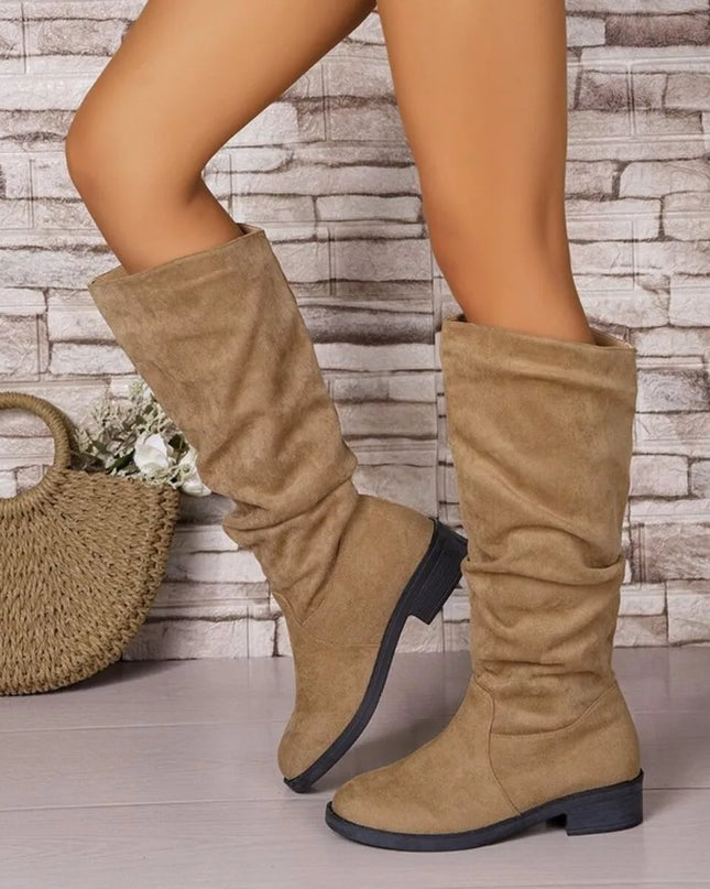 Round Toe Block Heels Boots Khaki