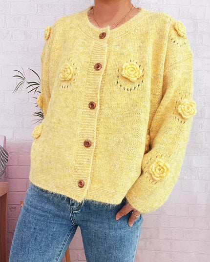 Flower Button-Up Cardigan Yellow One Size
