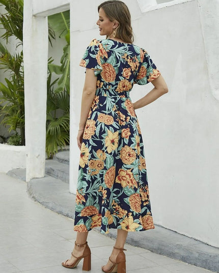 Floral Print Short Sleeve Wrap Midi Dress