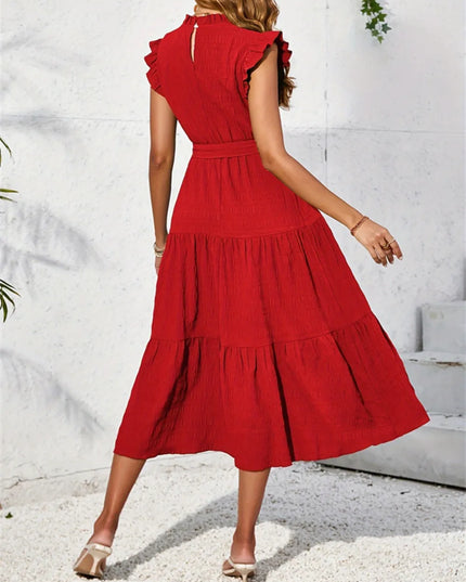 Frill Mock Neck Ruffled Cap Sleeve Midi Dress