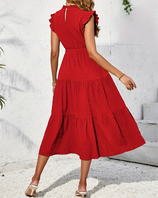 Frill Mock Neck Ruffled Cap Sleeve Midi Dress
