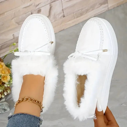 Bow Furry Round Toe Flat Slip-Ons White
