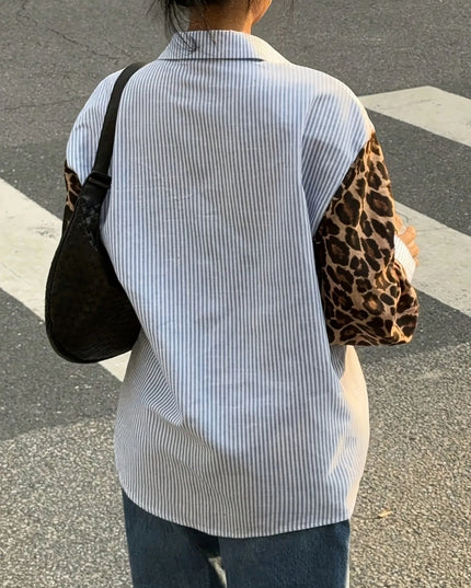 Leopard Print Sleeve Striped Button-Down Shirt