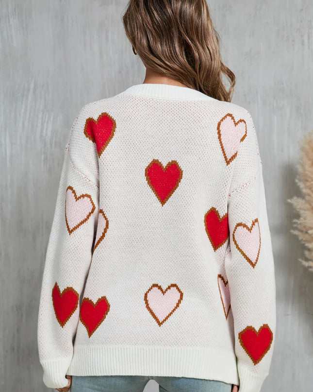 Angel Wings Contrast Heart Round Neck Long Sleeve Sweater