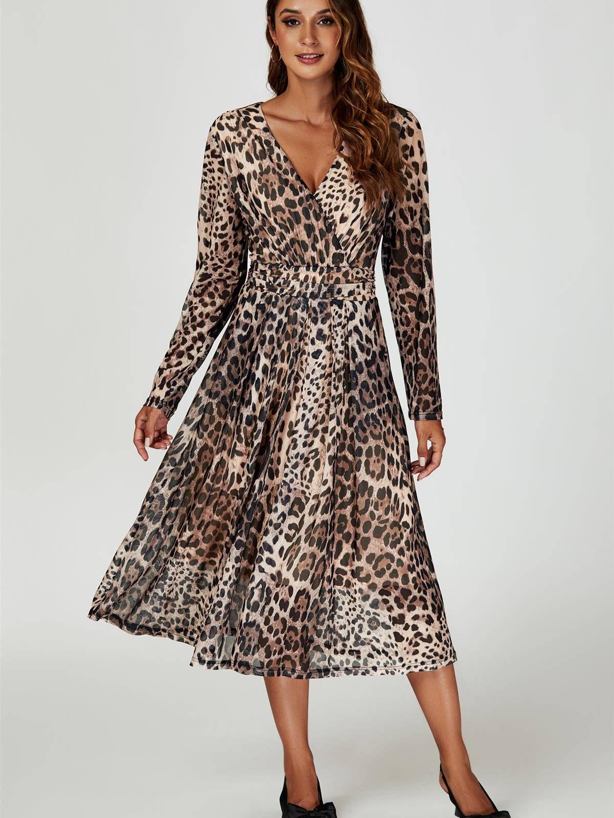 Leopard Print Mesh Midi Dress in Brown
