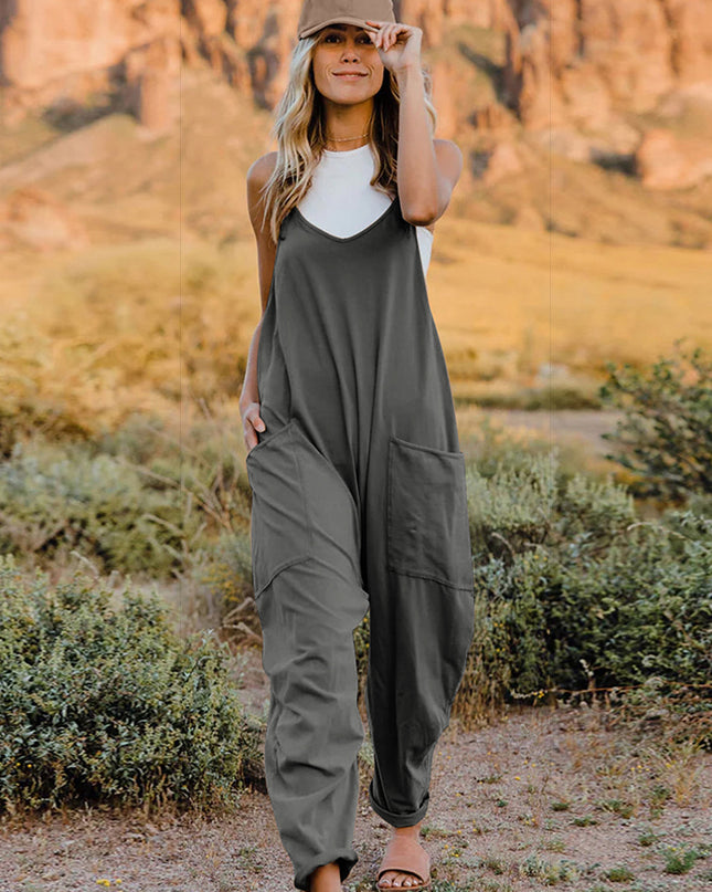 Double Take Full Size Sleeveless V-Neck Pocketed Jumpsuit Dark Gray