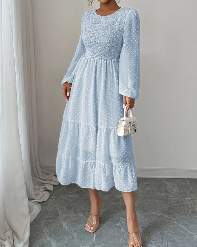 Polka Dot Long Sleeve Tiered Midi Dress Blue
