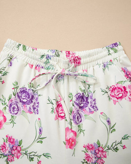 Floral Print Round Neck Top and Drawstring Pants Lounge Set