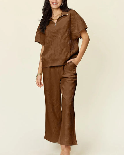 Double Take Full Size Texture Half Zip Short Sleeve Top and Pants Set Mocha