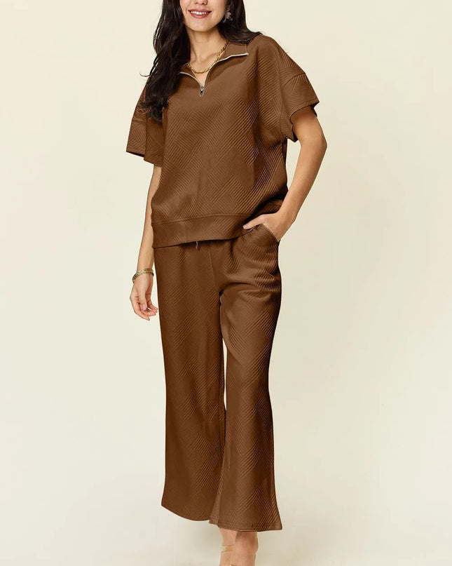 Double Take Full Size Texture Half Zip Short Sleeve Top and Pants Set Mocha