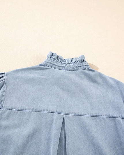 Ruffle Short Puff Sleeve Button Down Denim Shirt 