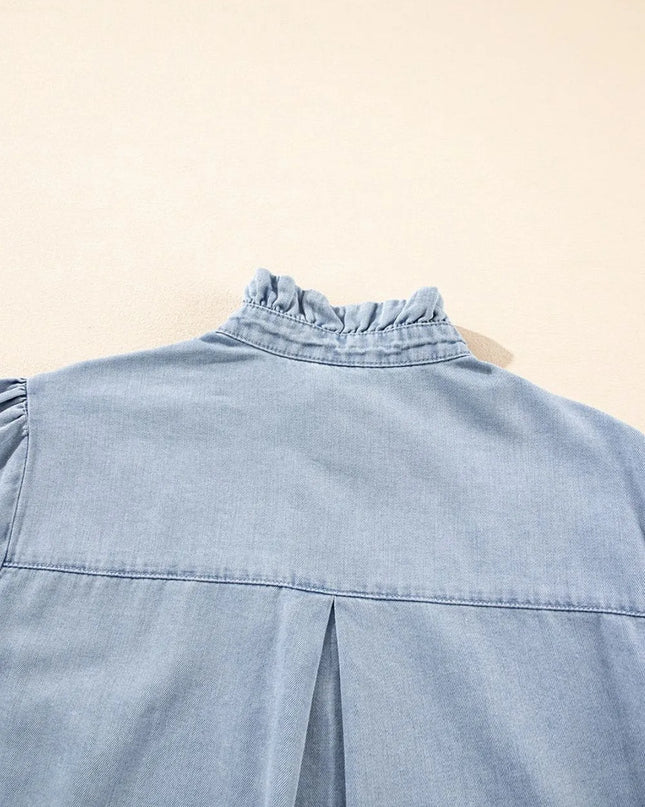 Ruffle Short Puff Sleeve Button Down Denim Shirt 