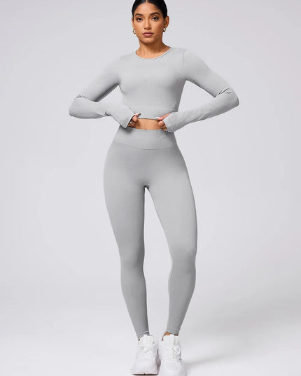 Back Crisscross Round Neck Long Sleeve Top and Leggings Active Set 