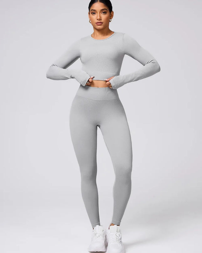 Back Crisscross Round Neck Long Sleeve Top and Leggings Active Set 