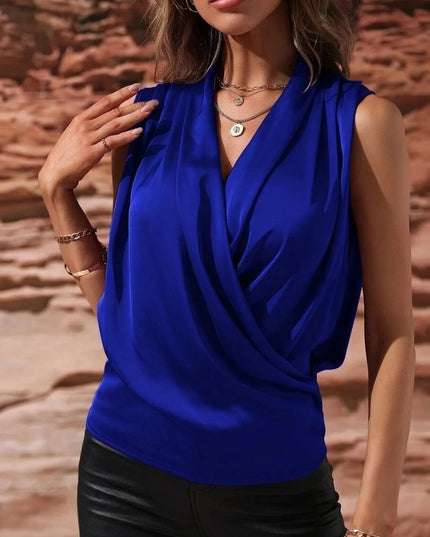 Sleeveless Wrap Draped Blouse Blue
