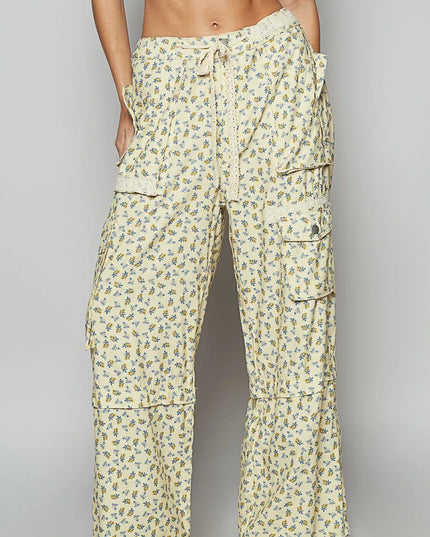 POL Floral Cargo Wide Leg Pants with Lace Drawstring VANILLAFLORAL