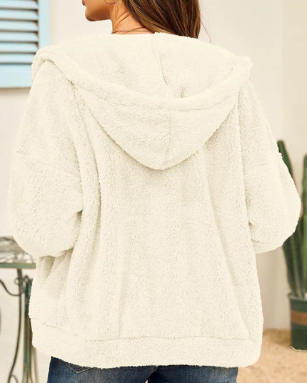 Drawstring Zip Up Hooded Plush Jacket