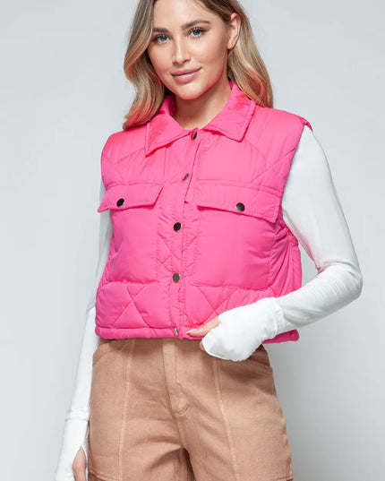 Snobbish Snap Down Quilted Crop Vest Hot Pink