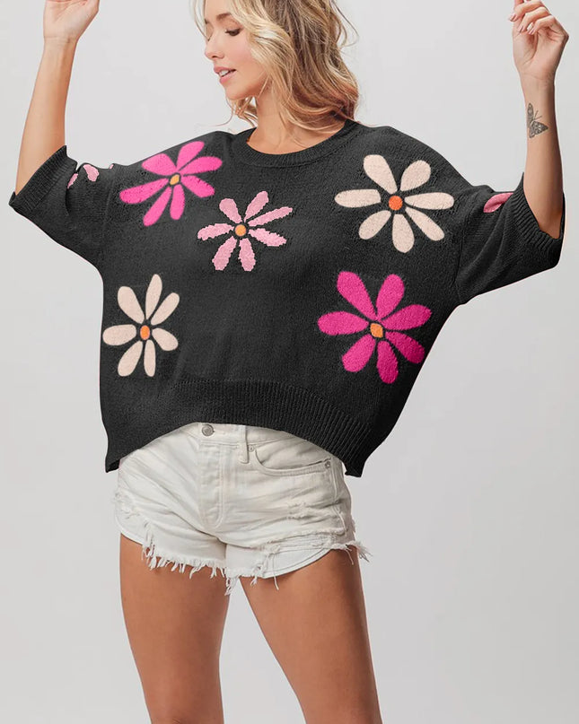 BiBi Floral Pattern Cropped Sweater