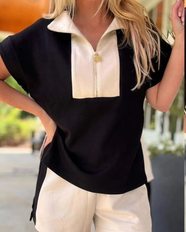Color Block Half Zip Top and Shorts Two-Piece Set 