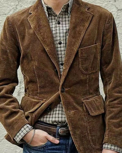 Men's Full Size Button Up Lapel Collar Corduroy Blazer Plus Size Brown
