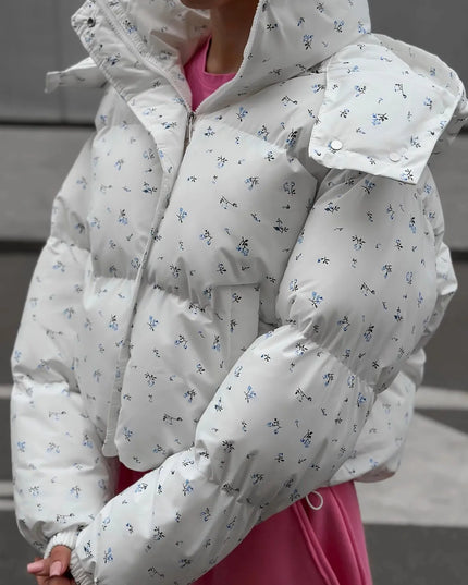 Floral Print Puffer Jacket with Hood