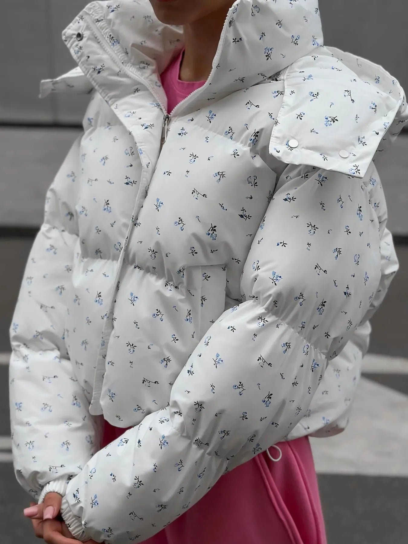 Floral Print Puffer Jacket with Hood