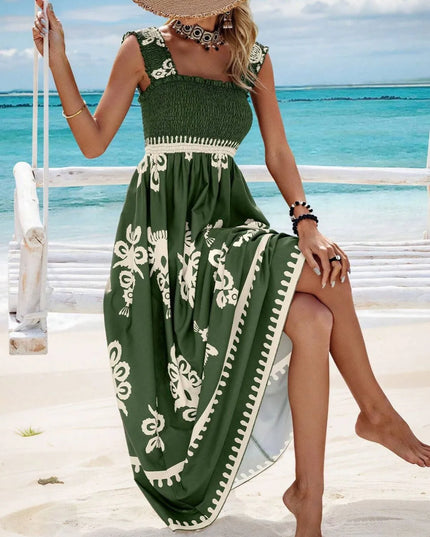 Smocked Printed Wide Strap Maxi Dress 