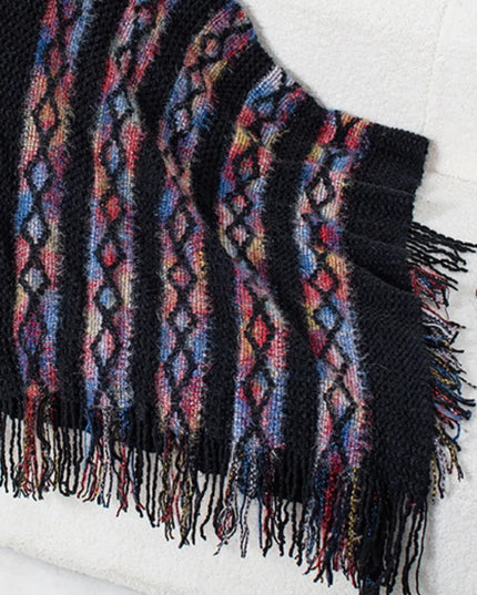 Fringe Contrast Hooded Poncho