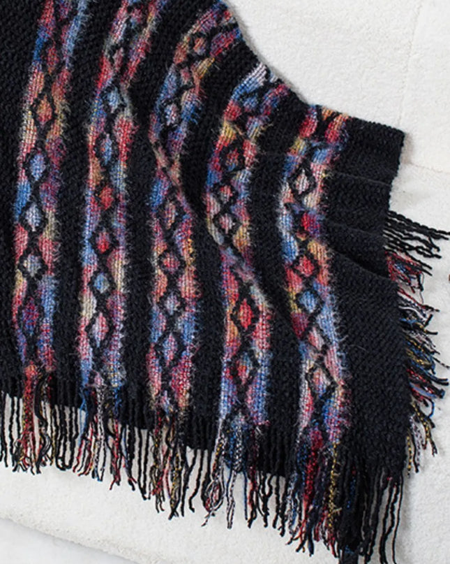 Fringe Contrast Hooded Poncho