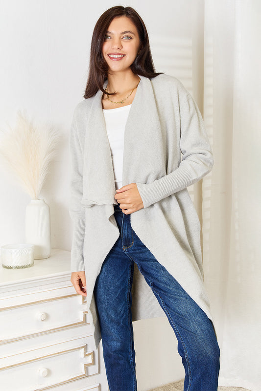 Angel Wings Open Front Duster Cardigan with Pockets Light Gray