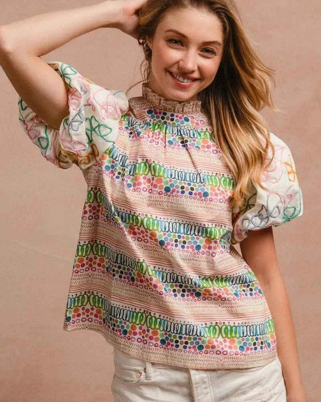 BiBi Ruffle Neckline Blouse With Embroidery Bubble Sleeve