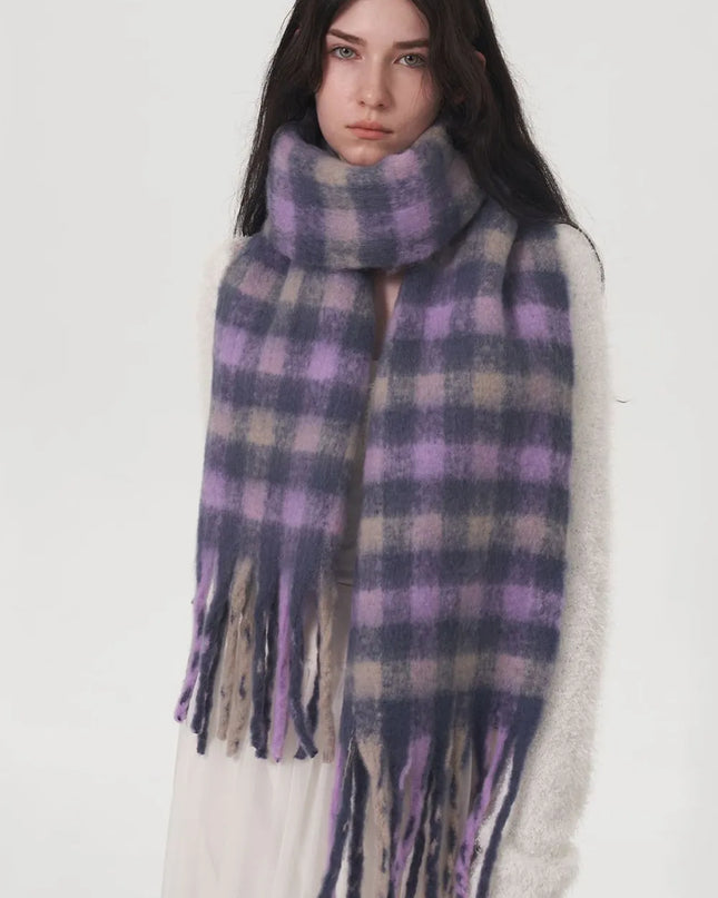 Fringe Plaid Polyester Scarf Lilac One Size