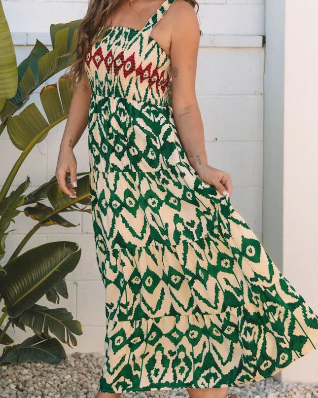 Western Aztec Shirred A-line Sleeveless Maxi Dress