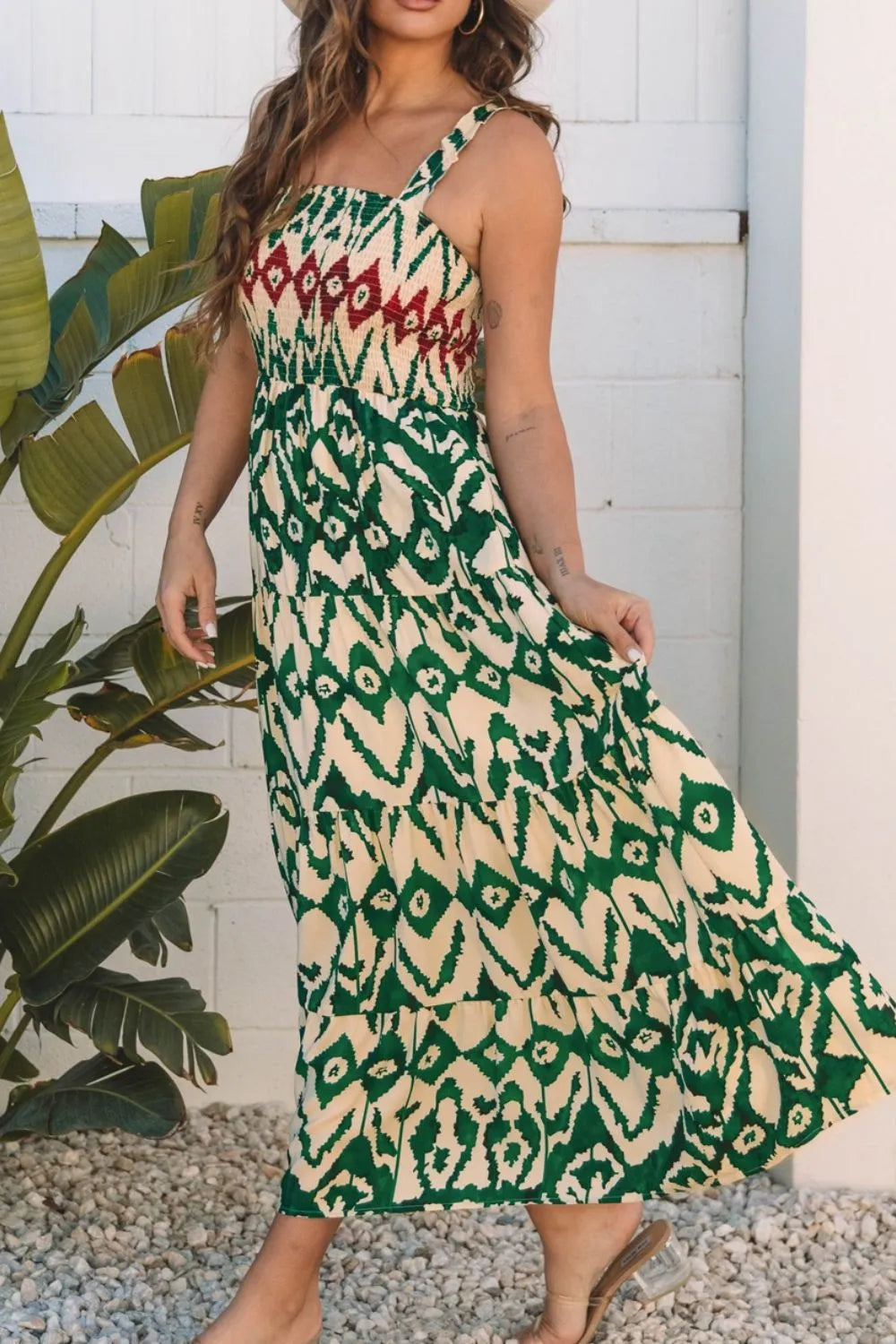 Western Aztec Shirred A-line Sleeveless Maxi Dress