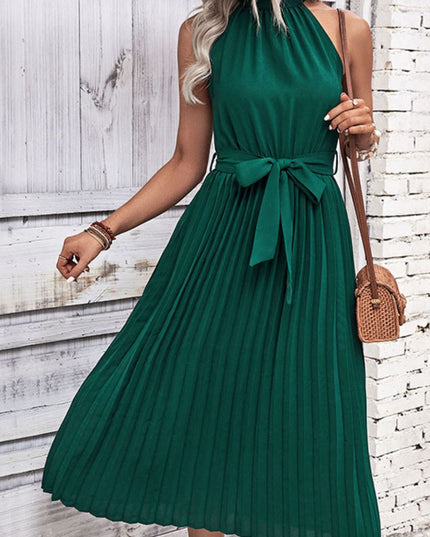 Perfee Tie Belt Pleated Midi Dress