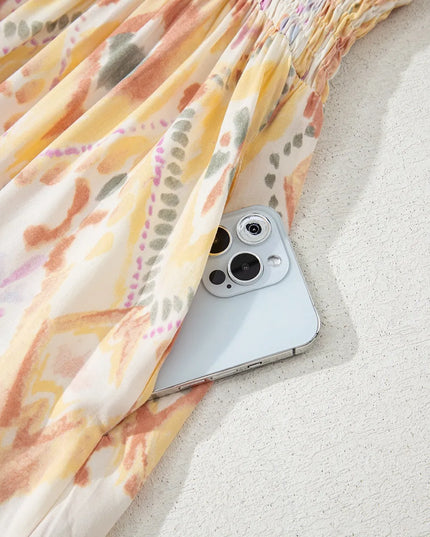 Printed Half Sleeve Shirred High Waist Maxi Dress