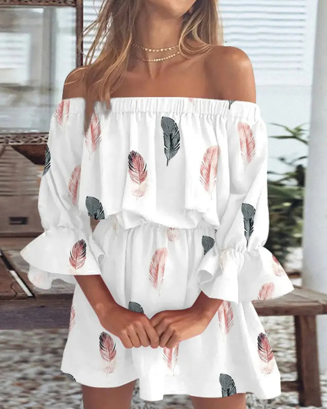 Full Size Floral Off-Shoulder Flounce Sleeve Mini Dress Plus Size 