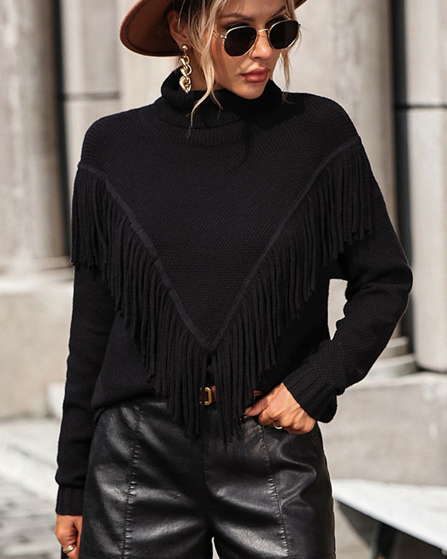 Turtle Neck Tassel Front Long Sleeve Pullover Sweater