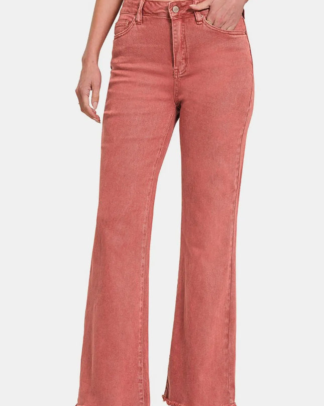 Zenana Acid Washed Frayed Hem Bootcut Jeans