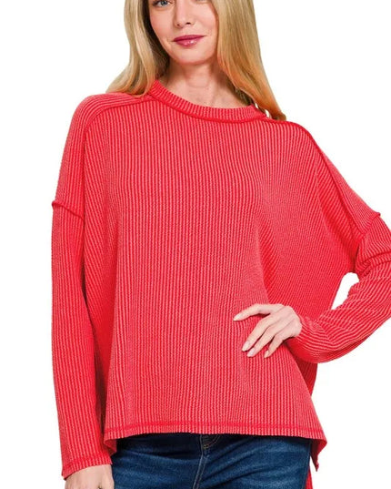 Zenana Full Size Exposed Seam Long Sleeve Corded Rib Knit Top Plus Size RUBY
