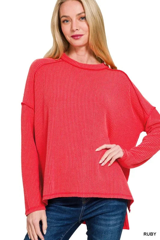 Zenana Full Size Exposed Seam Long Sleeve Corded Rib Knit Top Plus Size RUBY