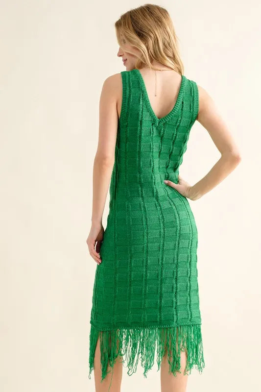 And The Why Checkerboard Drop-Needle Fringe Sleeveless Dress