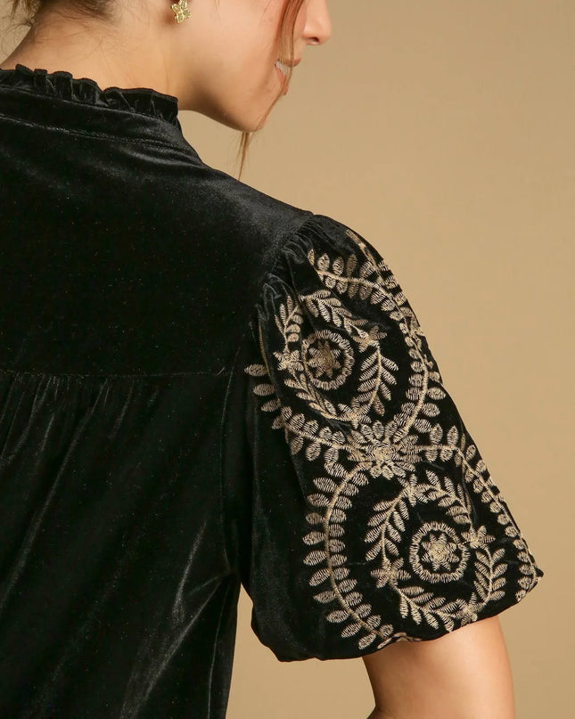 Umgee Full Size Velvet Embroidered Sleeve Blouse Plus Size