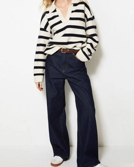 Striped Johnny Collar Long Sleeve Sweater