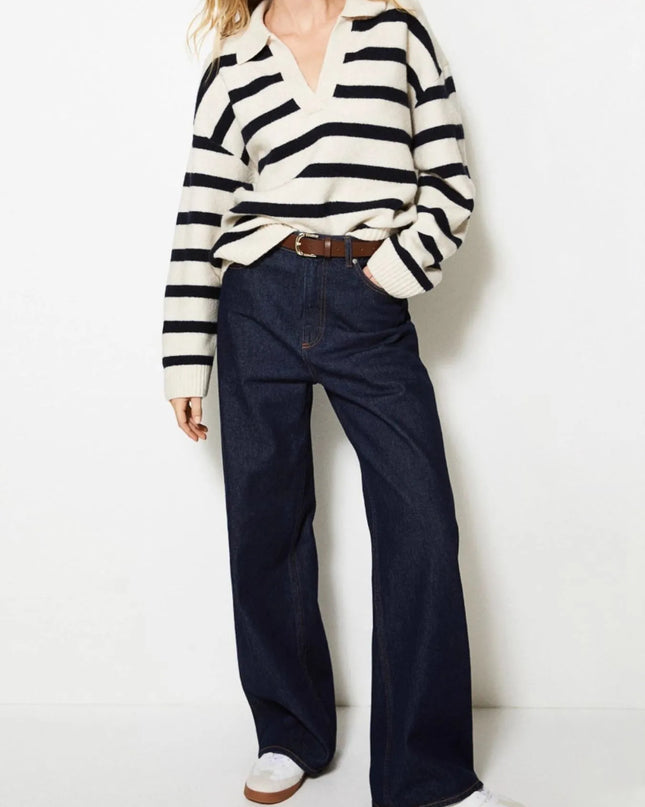 Striped Johnny Collar Long Sleeve Sweater