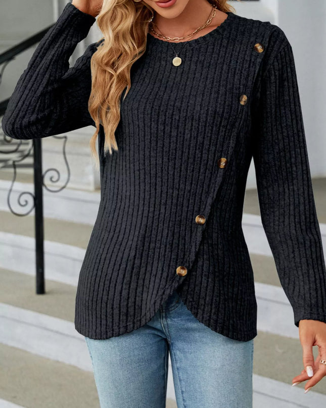 Ribbed Knit Decor Button T-Shirt Black Forest