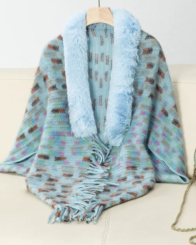 Fringe Fuzzy Open Front Poncho Pastel Blue One Size