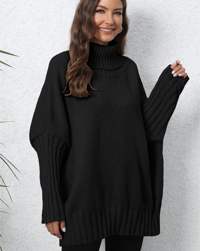 Turtle Neck Long Sleeve Ribbed Sweater Black One Size